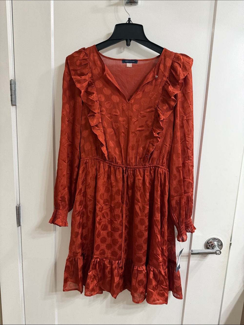 Tommy Hilfiger Women's Ruffle V-Neck Dot Dress - Rust Red